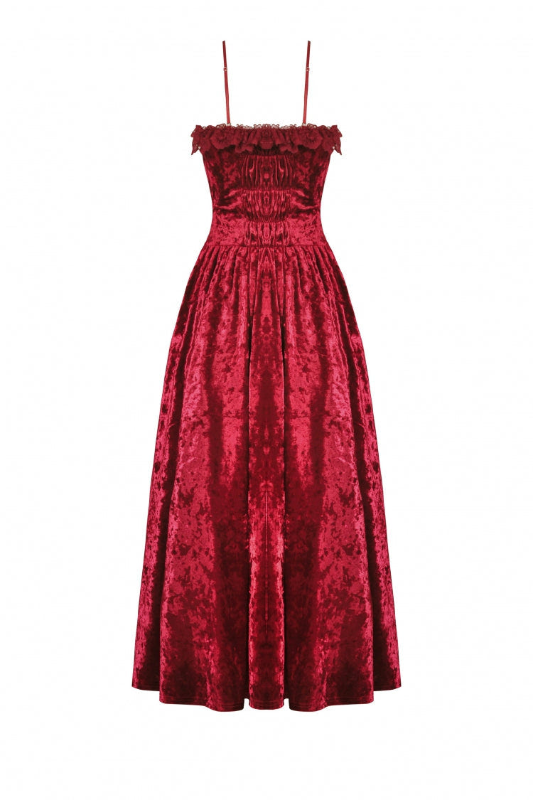 Red Sleeveless Spliced Lace Chain-Decorated Women's Gothic Velvet Slip Maxi Dress - Product - 11