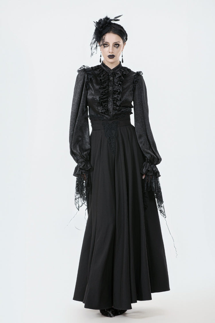 Black Embroidered Lace Trim Pleated Women's Gothic Maxi Skirt - Black - 1