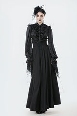 Black Embroidered Lace Trim Pleated Women's Gothic Maxi Skirt - Black - 1