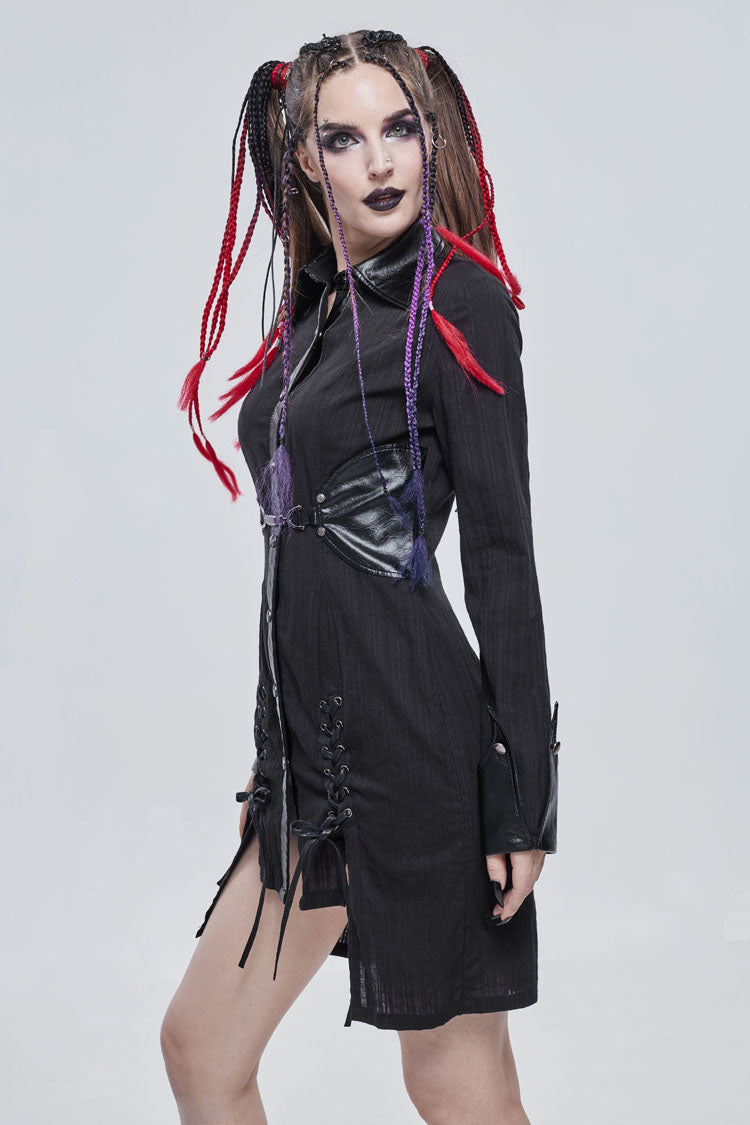 Black Vertical Suture Texture Leather Metal Buckle Design Decoration Long Women's Punk Shirt - Product - 3