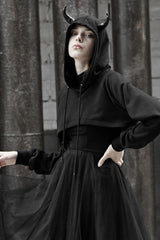 Black Demon Horn Decoration Long Sleeves Lace-Up Hooded Women's Gothic Coat - Product - 2