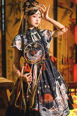 Black Chinese Style Chang'e Flying To The Moon Print Ruffled Classic Lolita OP Dress - Product - 3