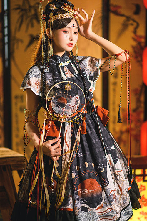 Black Chinese Style Chang'e Flying To The Moon Print Ruffled Classic Lolita OP Dress - Product - 3