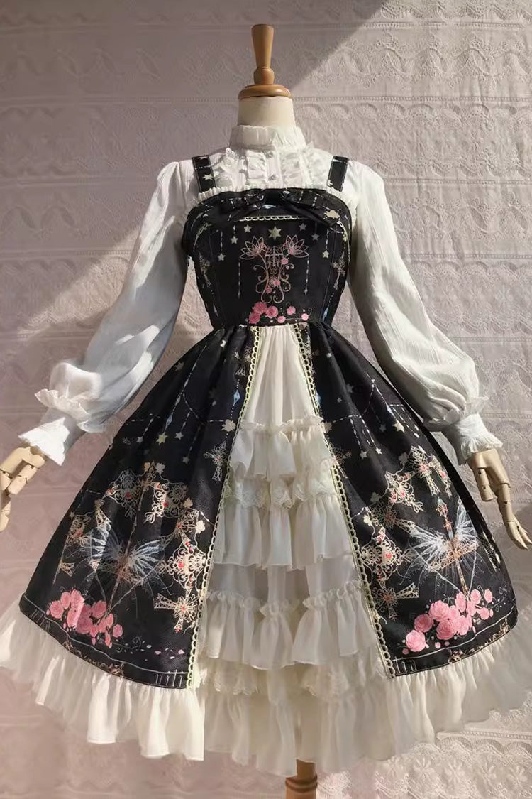 Peacock Cross Print Ruffle Cardigan Bowknot Sweet Lolita Jsk Dress 4 Colors - Black - 4