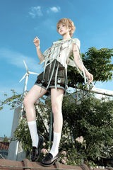 Green [Forest Guide] Square Collar Asymmetric Prince Ouji Lolita Set (Shorts + Shawl + Top) - Product - 7