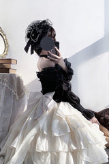 Black Top and Apricot Bowknot Sweet Princess Lolita Layered Skirt Dress - Product - 5