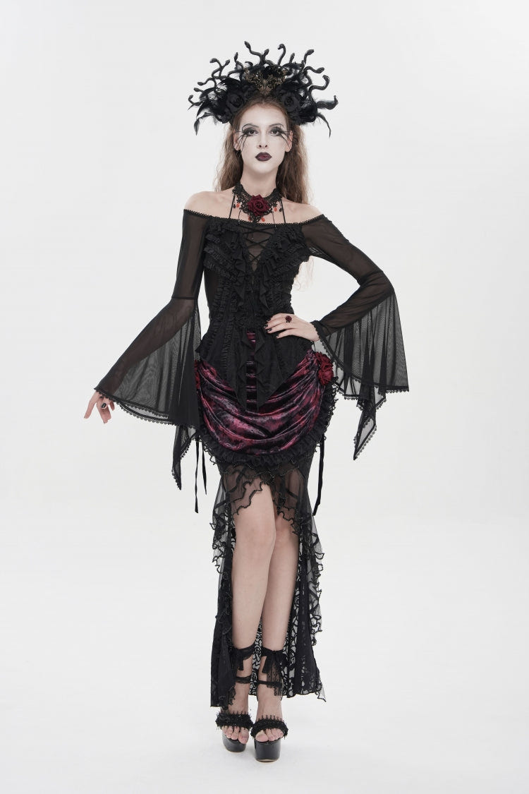 Black Off Shoulder Long Trumpet Sleeves Ruffled Embroidered Lace-Up Women's Gothic Blouse - Product - 11