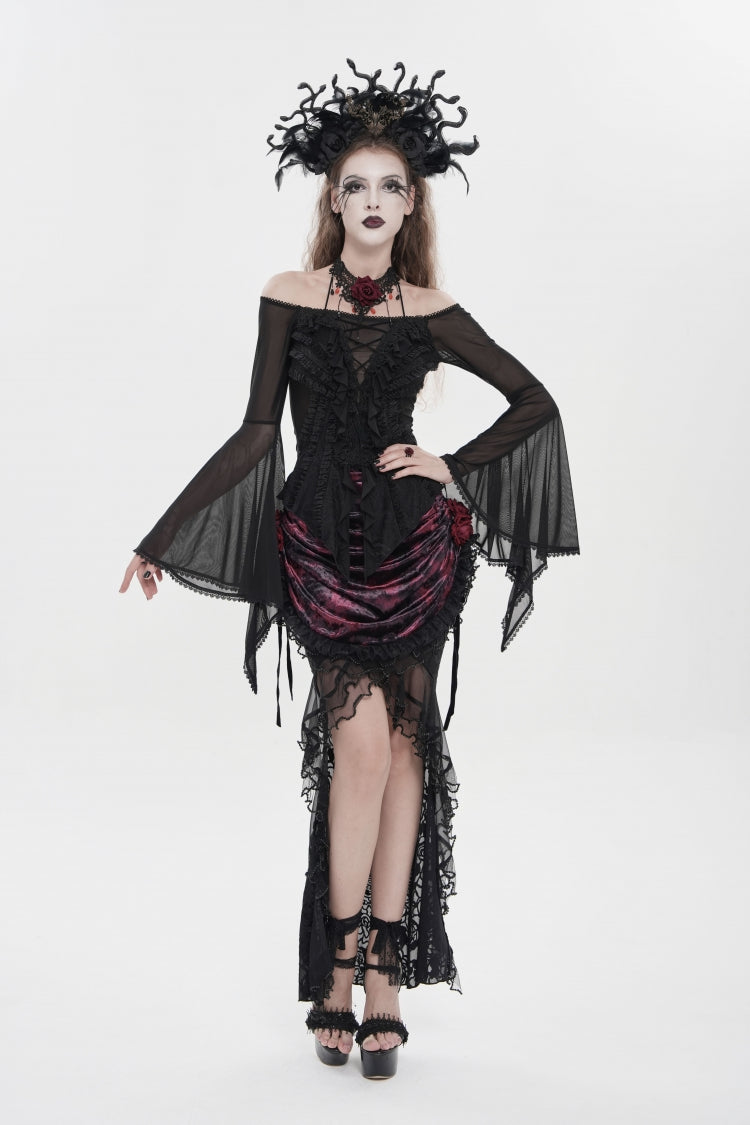 Black Off Shoulder Long Trumpet Sleeves Ruffled Embroidered Lace-Up Women's Gothic Blouse - Product - 11