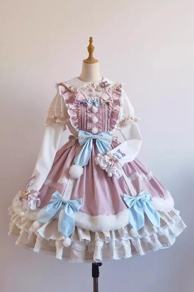 White/Pink Little Fox Multi-layer Ruffle Bowknot Long Sleeves Sweet Lolita Dress - Product - 4