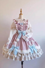 White/Pink Little Fox Multi-layer Ruffle Bowknot Long Sleeves Sweet Lolita Dress - Product - 4