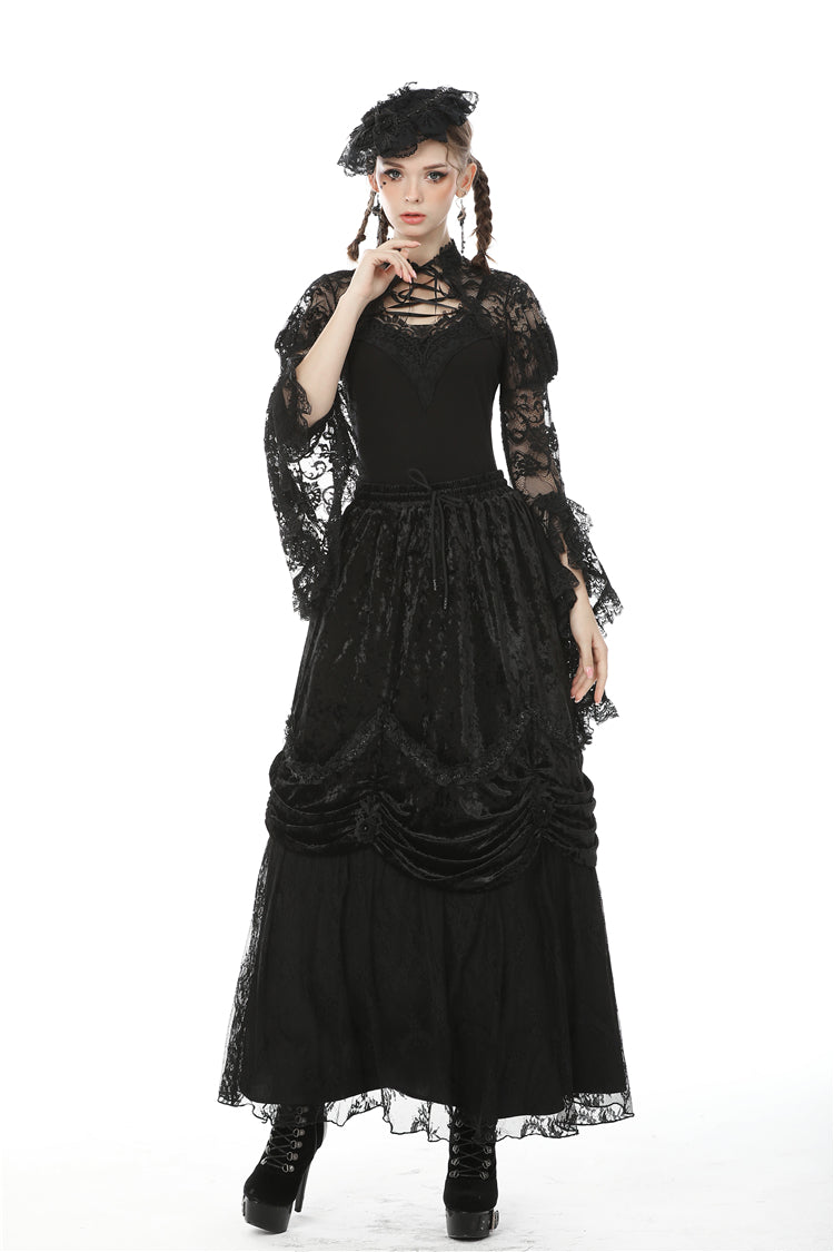 Black Long Puff Sleeves Sheer Floral Lace Lace-Up Women's Gothic Cape - Product - 10