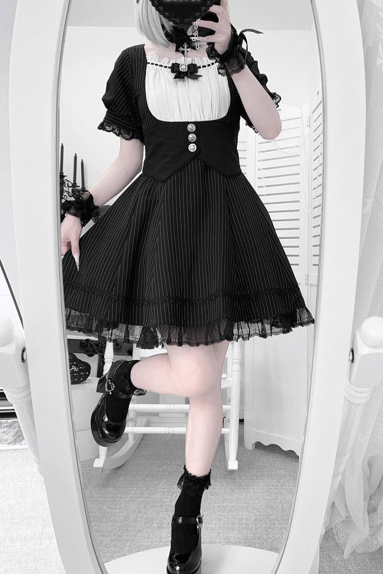 Black/White Short Sleeves Stripe Print Ruffle Bowknot Cross Waist Maid Sweet Japanese Lolita Dress Set - Product - 4