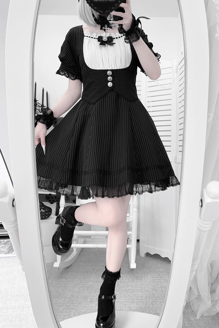 Black/White Short Sleeves Stripe Print Ruffle Bowknot Cross Waist Maid Sweet Japanese Lolita Dress Set - Product - 4