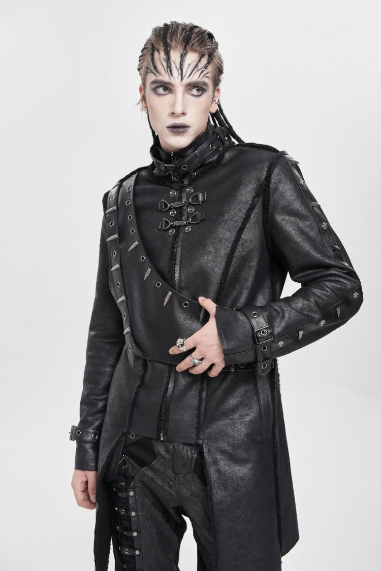 Black Stand Collar Rivet Buckle Zipper Men's Punk Coat - Product - 2