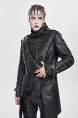 Black Stand Collar Rivet Buckle Zipper Men's Punk Coat - Product - 2