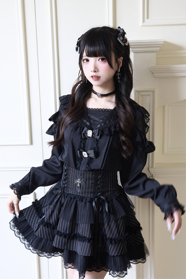 Jirai Kei Navy Collar Long Sleeves Bowknot Lace Sweet Japanese Blouse 3 Colors - Product - 3