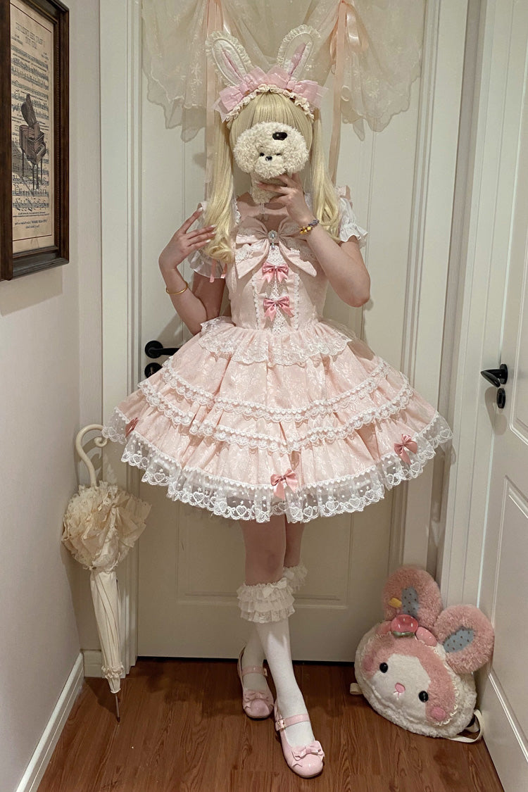 Pink [Sweet Mist Cherry Romance] Sleeveless Multi-Layered Hanayome Bow Lace Lolita Jsk Dress - Product - 5