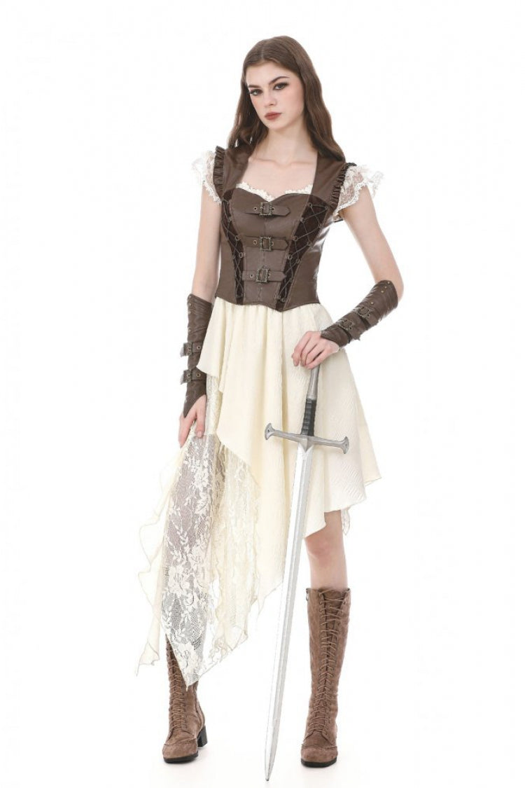 Brown Sweetheart Neckline Ruffled Flutter Sleeves Cut-Out Buckled Strap Women's Steampunk Slim Corset Vest - Product - 11