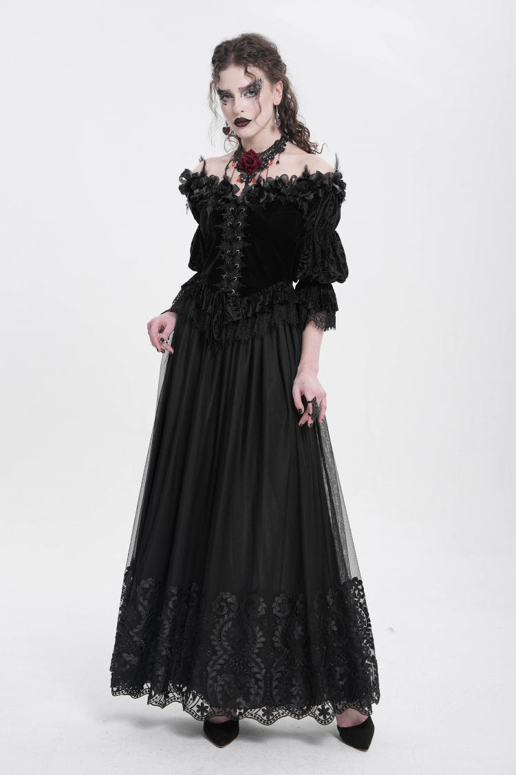 Black Off Shoulder Long Sleeves Ruffle Embroidery Lace-Up Women's Gothic Blouse - Product - 11