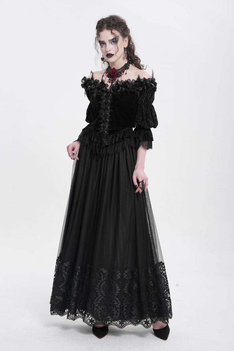 Black Off Shoulder Long Sleeves Ruffle Embroidery Lace-Up Women's Gothic Blouse - Product - 11