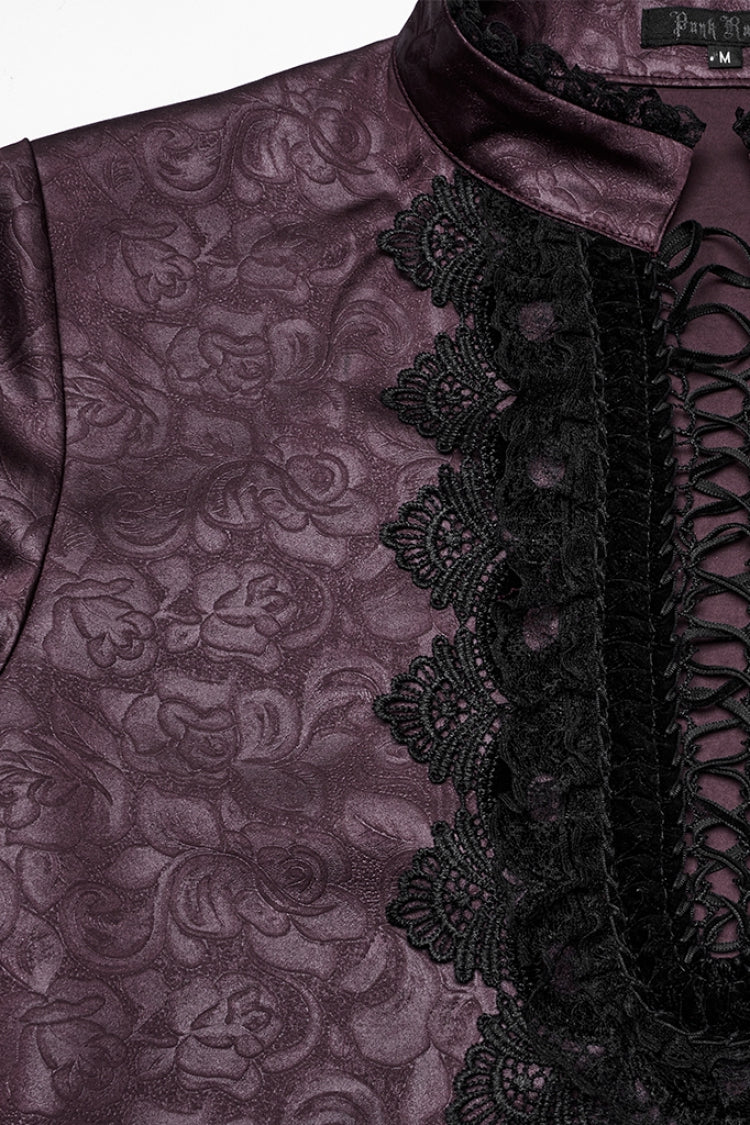 Red Stand Collar Long Sleeves Ruffle Embroidery Lace-Up Plunging Rose Men's Gothic Blouse - Product - 6