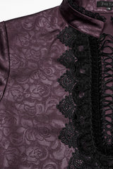 Red Stand Collar Long Sleeves Ruffle Embroidery Lace-Up Plunging Rose Men's Gothic Blouse - Product - 6