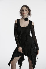 Black Off Shoulder Long Sleeves Spliced Irregular Mesh Pleated Eyelet Women's Gothic Witch Dress - Product - 6