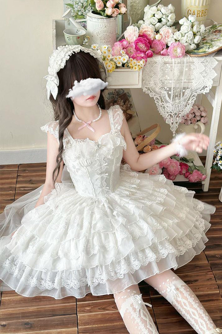 White [From Broken Wings to Rebirth] Sleeveless Multi-Layered Ruffle Bowknot Lace-Up Gothic Ballet Lolita Jsk Dress - Product - 5