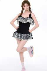 Black Sleeveless Printed Ruffled Bow Lace Lolita Swimsuit - Product - 5