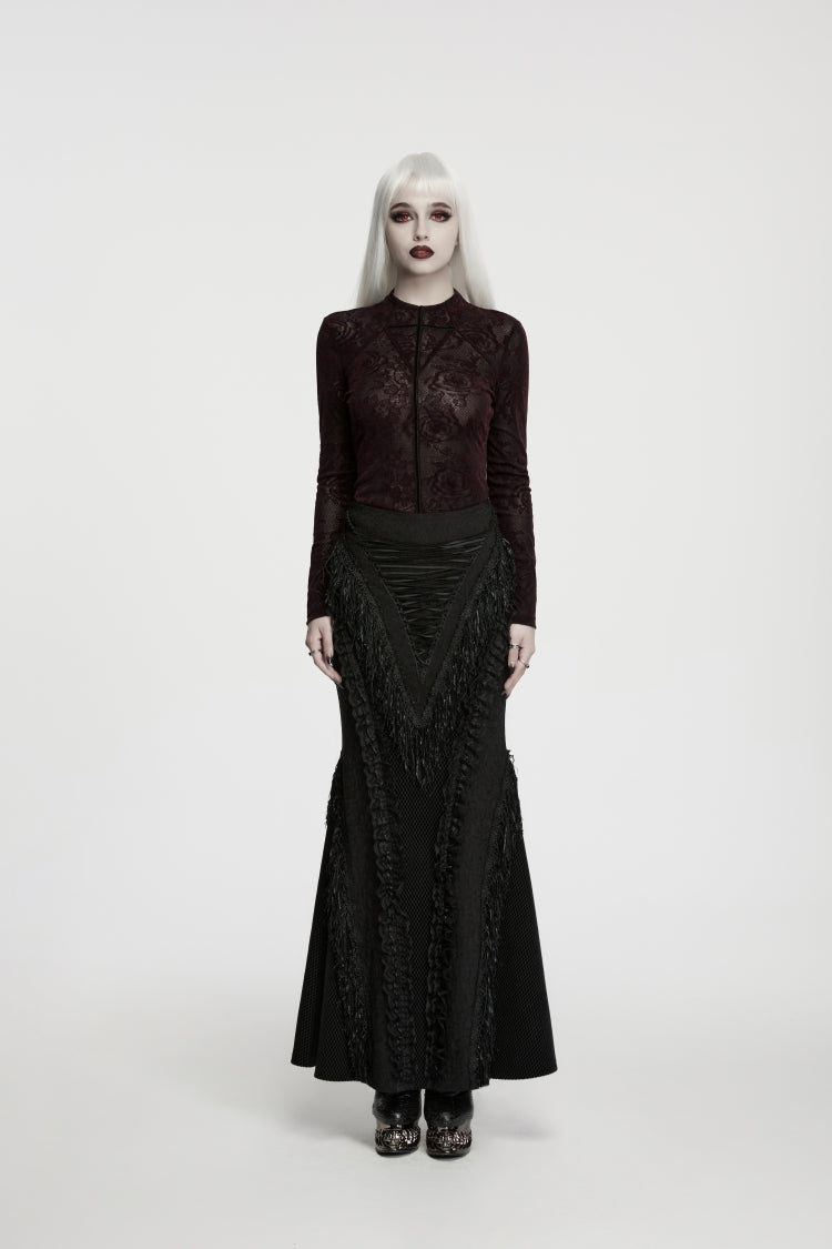 Red High Collar Long Sleeves Rose Jacquard Lace Slim Fit Women's Gothic Luxurious Top - Product - 5