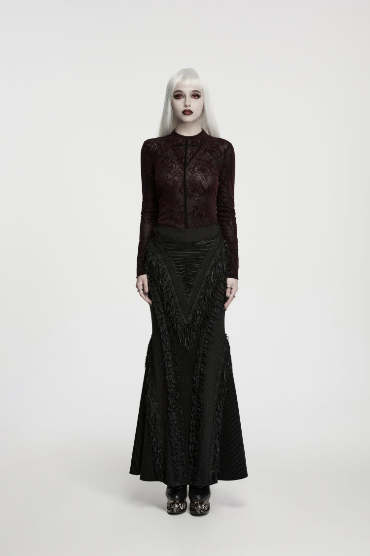 Red High Collar Long Sleeves Rose Jacquard Lace Slim Fit Women's Gothic Luxurious Top - Product - 5