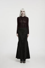 Red High Collar Long Sleeves Rose Jacquard Lace Slim Fit Women's Gothic Luxurious Top - Product - 5