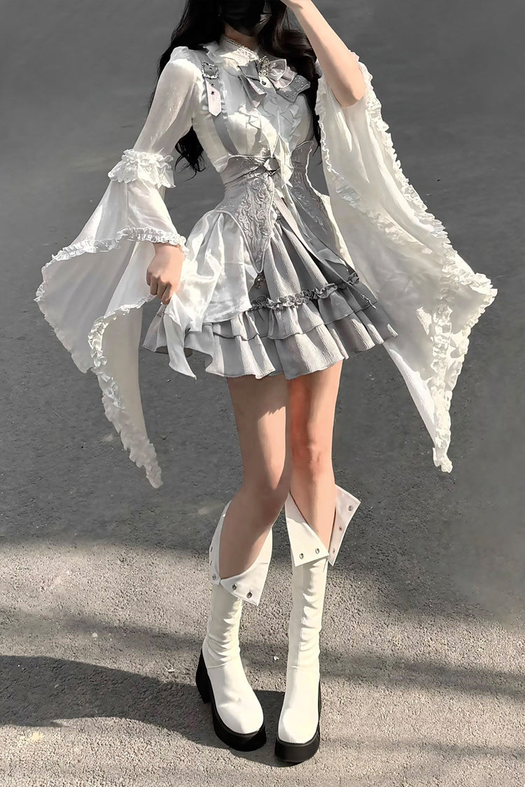White/Silver [The Silver Key] Long Sleeves Ruffled Embroidered Open-Front Bow Gothic Lolita Skirt Set - Product - 7