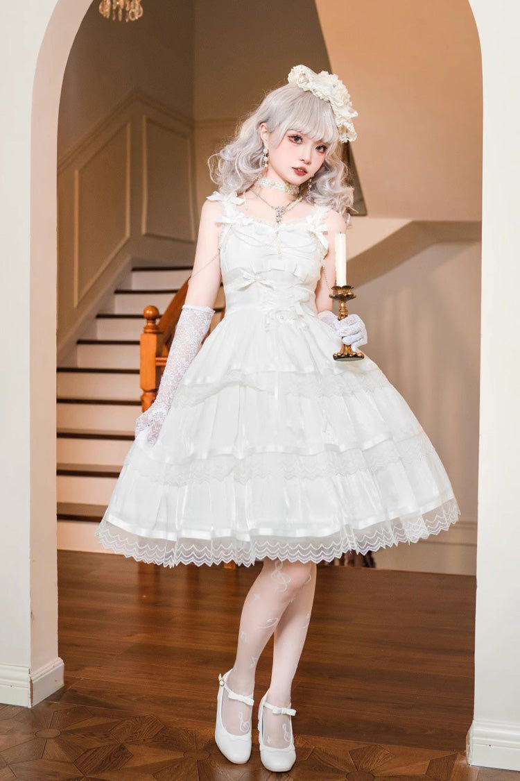 White Sleeveless Multi-layer Ruffle Bowknot Sweet Princess Lolita Jsk Dress - Product - 6