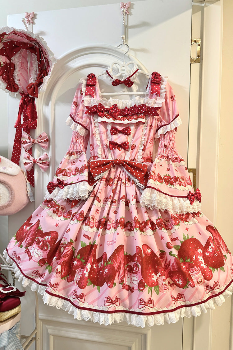 Pink [Strawberry Gift Box] Short Sleeves Print Ruffle Bowknot Lace Sweet Lolita Dress - Product - 8