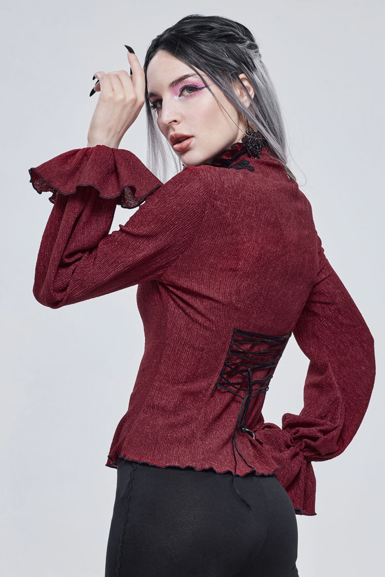 Red Lace High Neck Three Dimensional Embroidered Lantern Trumpet Sleeves Women's Gothic Shirt - Product - 3