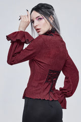 Red Lace High Neck Three Dimensional Embroidered Lantern Trumpet Sleeves Women's Gothic Shirt - Product - 3
