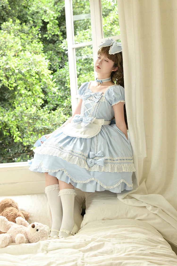 Blue [Petal Bunny] Cotton Square Collar Short Sleeves Double-Layered Ruffled Bow Lace Lace-Up Sweet Lolita Dress - Product - 4