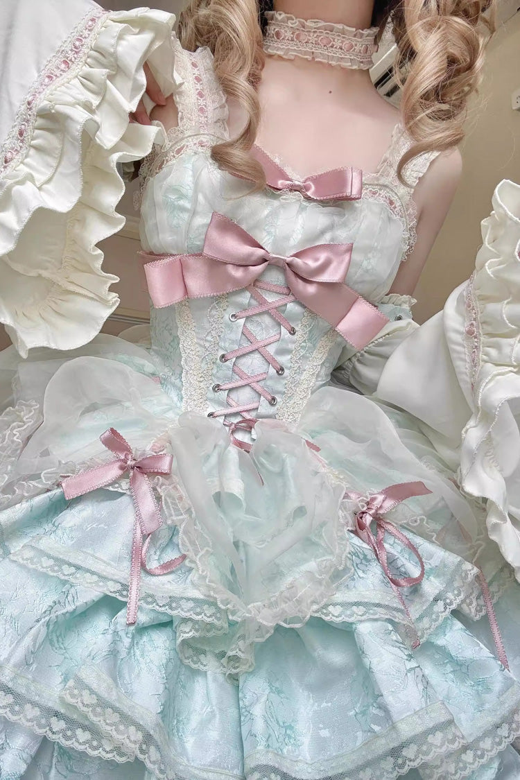 Green Sleeveless Multi-layer Ruffle Bowknot Lace-Up Sweet Princess Lolita Jsk Dress - Product - 5