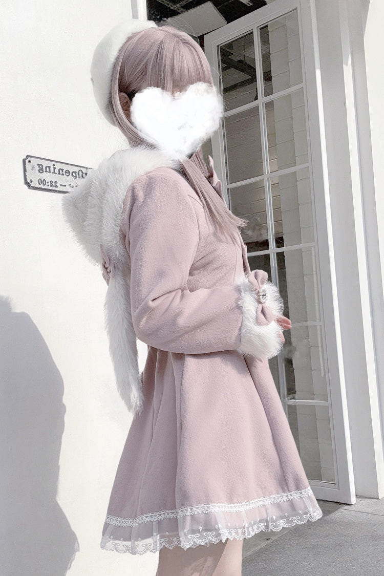 Pink Long Sleeves Bowknot Rabbit Ears Detachable Hooded Japanese Jirai Kei Coat - Product - 5