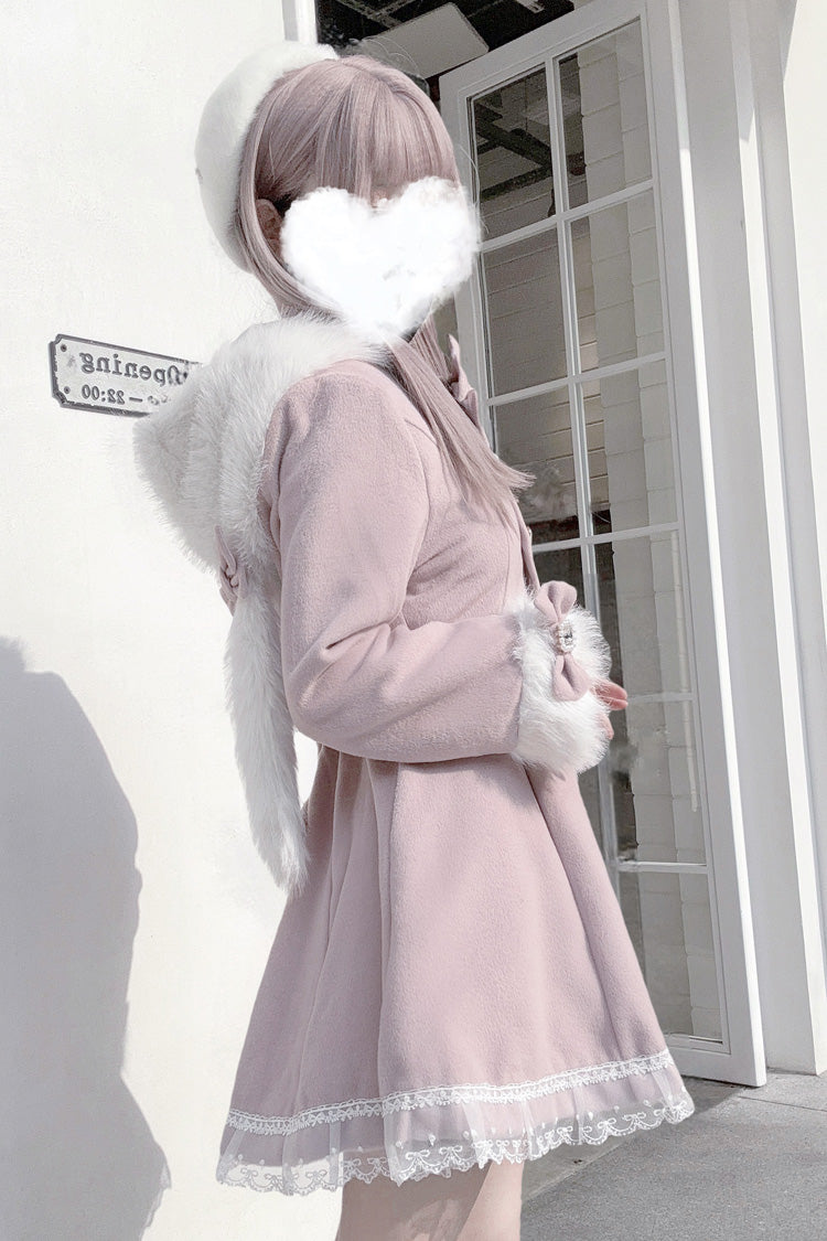 Pink Long Sleeves Bowknot Rabbit Ears Detachable Hooded Japanese Jirai Kei Coat - Product - 5