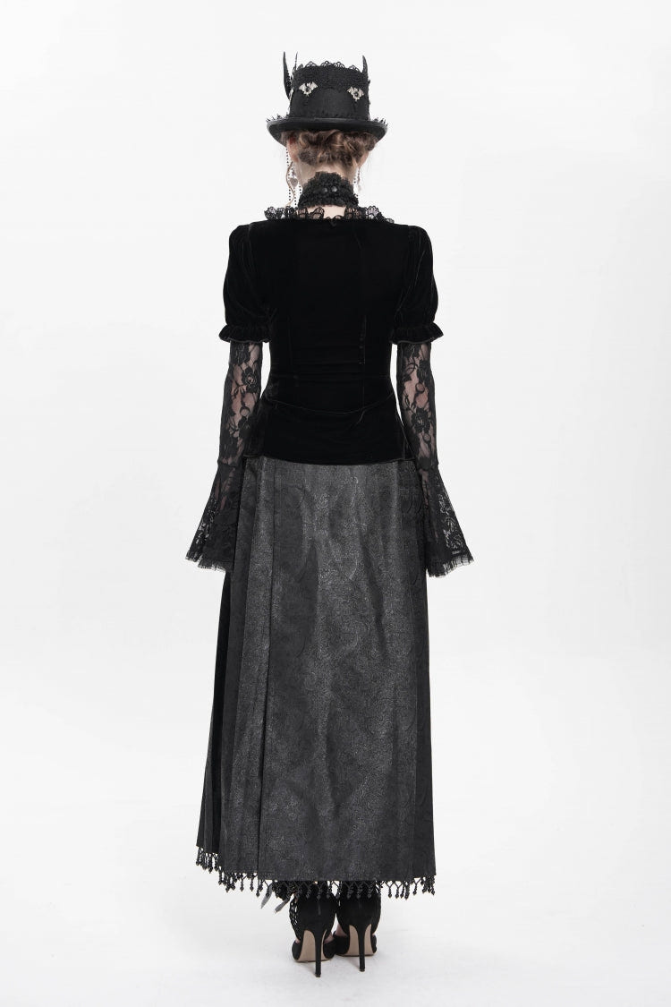 ブラックロングトランペットスリーブレースメッシュ重ね着風プリーツアイレットレディースゴシックパレスベルベットブラウス 商品画像
