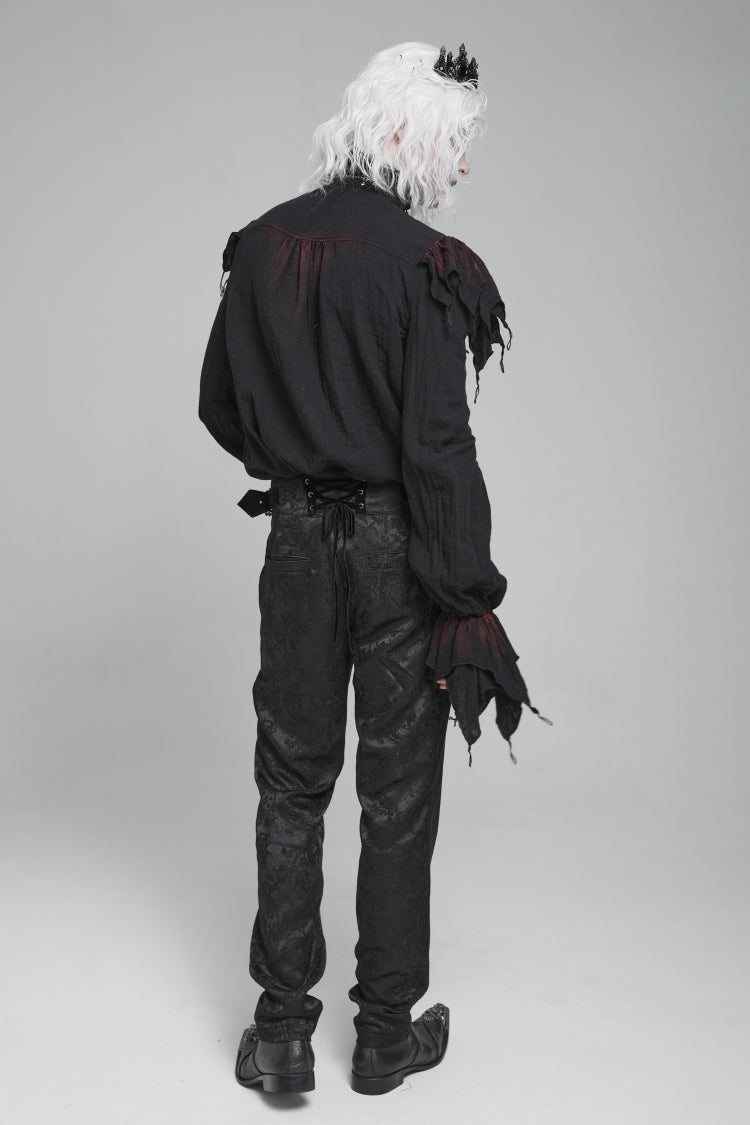 Black/Red Stand Collar Long Sleeves Ruffled Men's Gothic Plunging Shirt - Product - 5