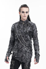 Black Stand Collar Ripped Eyelets Strap Men's Gothic T-Shirt - Product - 4