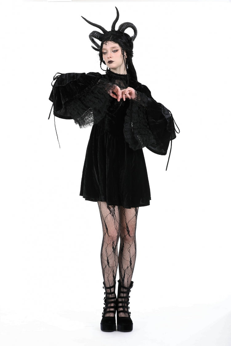 Black Women's Gothic Cross Lace Ruffled Stand Collar Long Flared Sleeves Lace-Up Velvet Dress - Product - 7