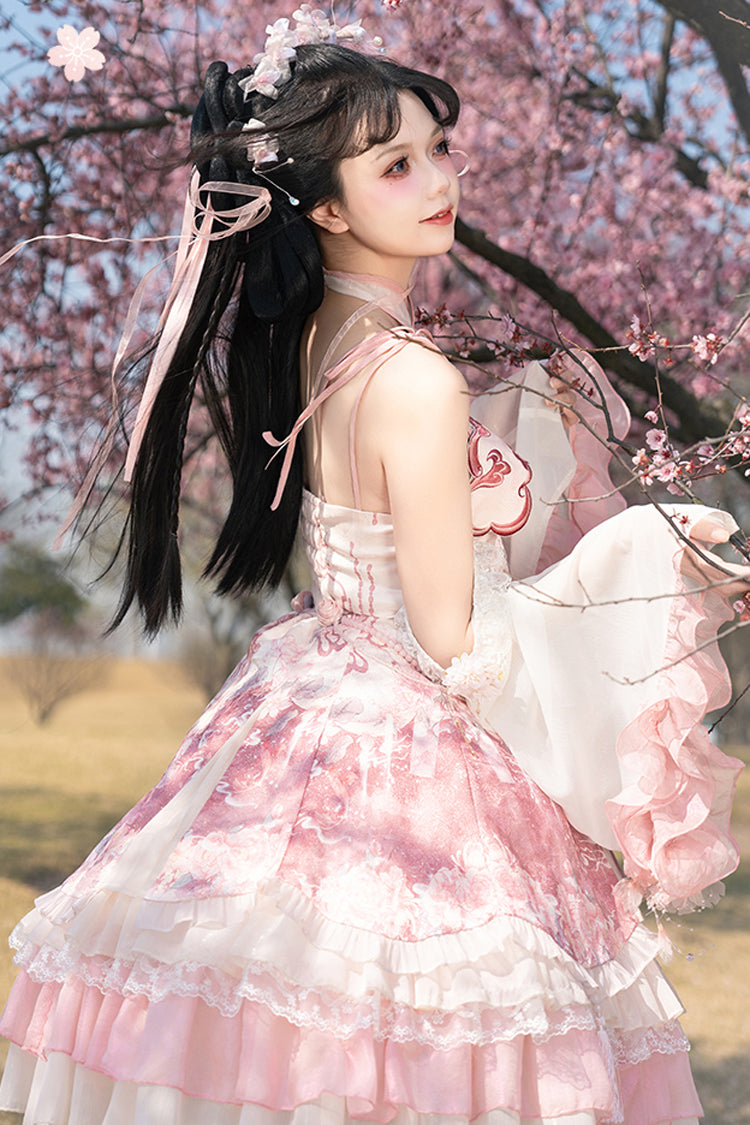 Pink [Flower Feast] Multi-Layered Print Ruffle Bowknot Sweet Chinese Style Lolita Jsk Dress - Product - 8