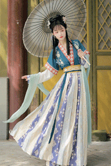 Ancient Tang Dynasty Embroidery Printing Sweet Hanfu Dress - Blue - 10