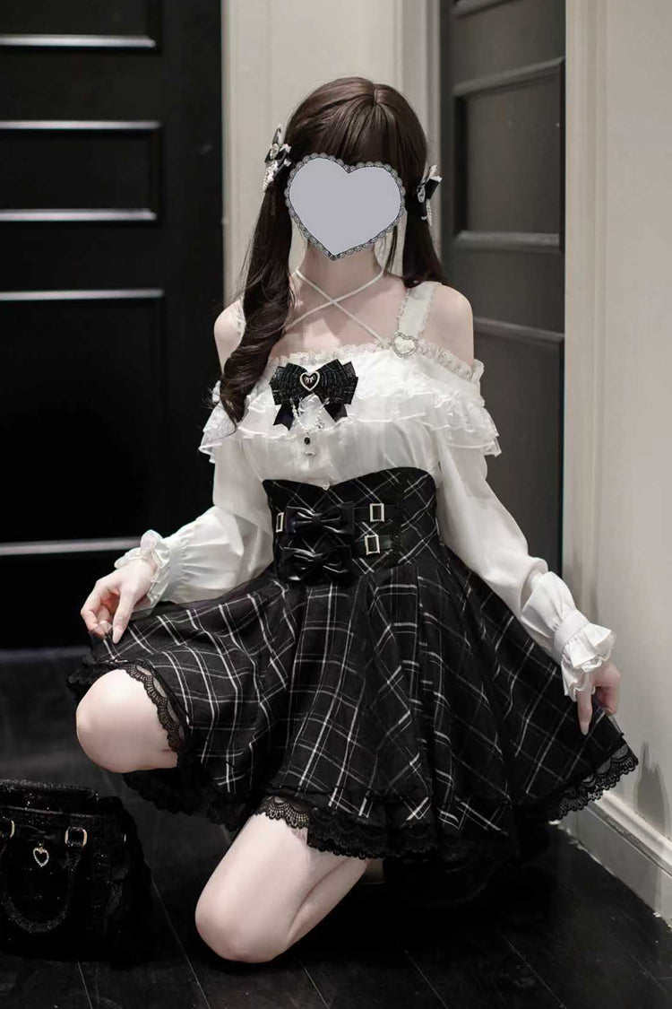 Black Plaid Print Bowknot Sweet Jirai Kei Japanese Skirt - Product - 8