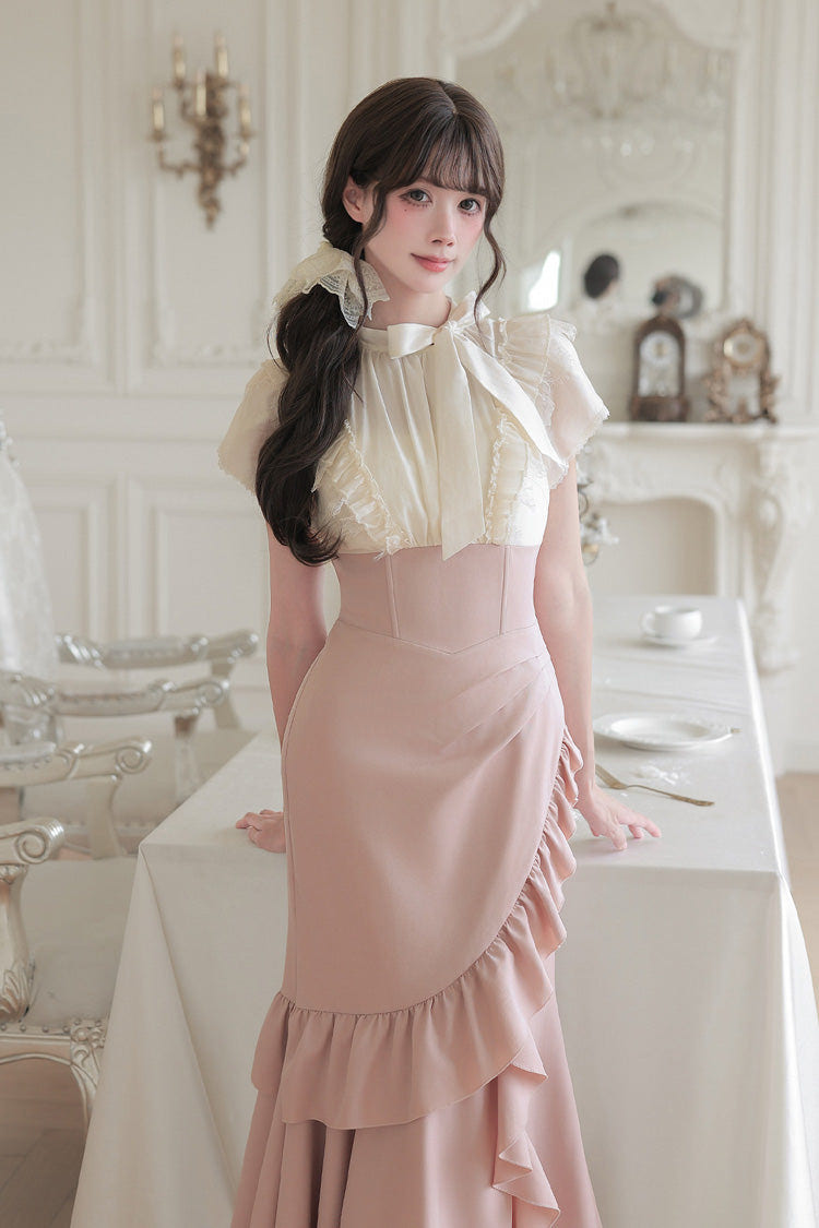 White/Pink Round Collar Short Sleeves Ruffled Bow Lace Color-Blocked Boned Sweet Lolita Dress 2 Versions - Product - 17