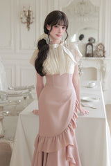 White/Pink Round Collar Short Sleeves Ruffled Bow Lace Color-Blocked Boned Sweet Lolita Dress 2 Versions - Product - 17